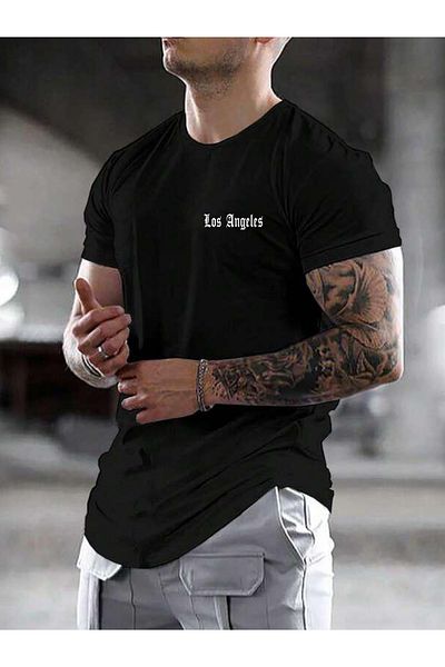 DEEPSENCE Ανδρικό μπλουζάκι Los Angeles Black Slim Fit - Απλό Οβάλ Κοπή