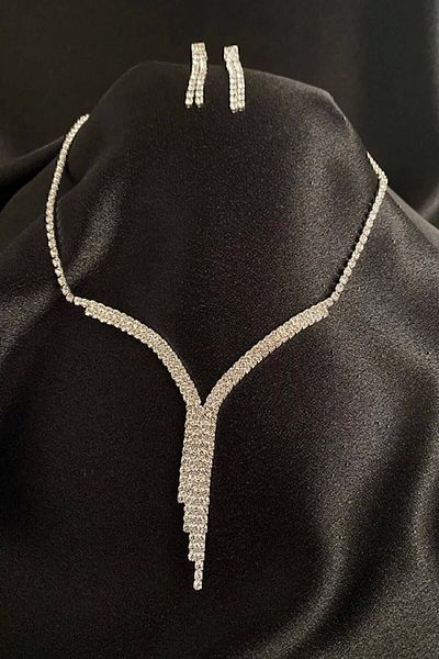 Kenan Takı Women's Vip Evening Dress Wedding Dress Necklace Earrings Waterway Two Rows Necklace Set with Stones