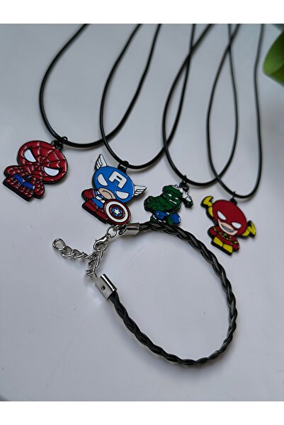 Esey Dizayn Marvel Spiderman Hulk Ironman Captain America Kolye Ve Deri Bileklik - Erkek Çocuk Kolye
