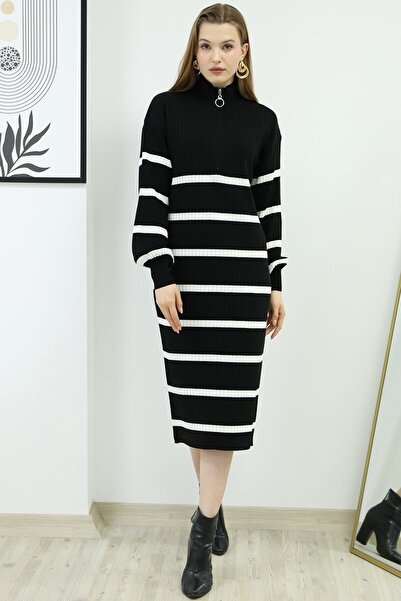 VEGENZE Women's Black Ecru Striped Zippered Half Fisherman Long Knitwear Dress