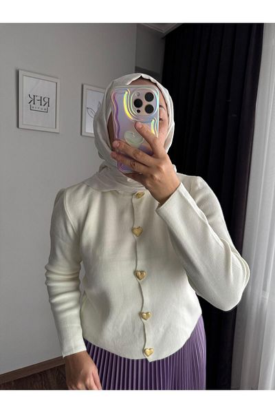 RFK Butik Women's Knitwear Hijab Cardigan with Gold Heart Buttons - Ecru
