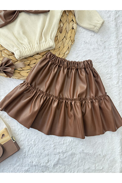 AKİF GİYİM Kız Çocuk & Bebek Takımı Deri Etek Fiyonklu Badi Bandana Takımı