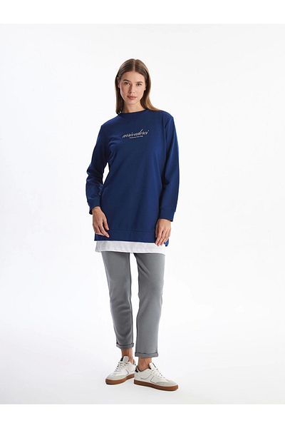 LC Waikiki Lcw Modest Navy Blue Crew Neck Printed Women's Sweatshirt Tunic