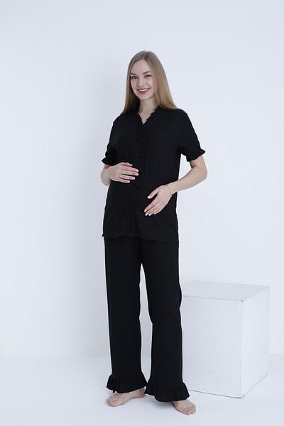 Miss Dünya Lissa Adjustable Waist Woven Maternity and Maternity Pajamas Set with Front Button Ruffle Detail