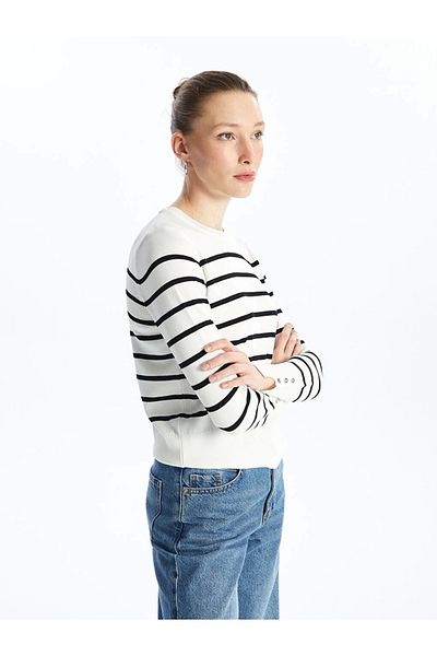LC Waikiki Lcw Vision Ecru Crew Neck Striped Long Sleeve Women's Knitwear Sweater