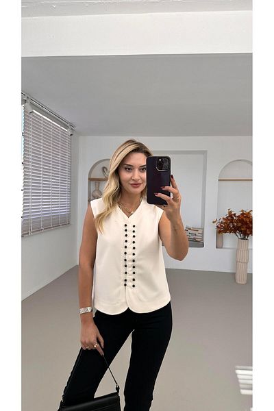 Sezgi Tekin Pearl Button Detail White Suede Vest
