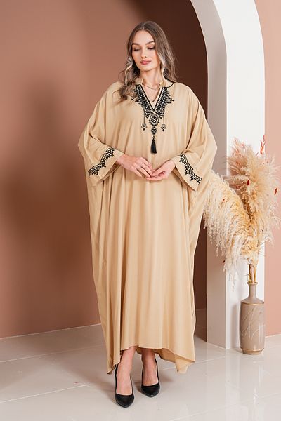 BeyzaBayram Women's Beige Embroidery Plus Size Oversize Viscose Long Dress A2020