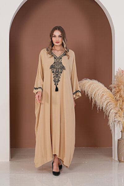 BeyzaBayram Μακρύ φόρεμα μεγάλου μεγέθους μπεζ κεντημένο βισκόζη - A2012