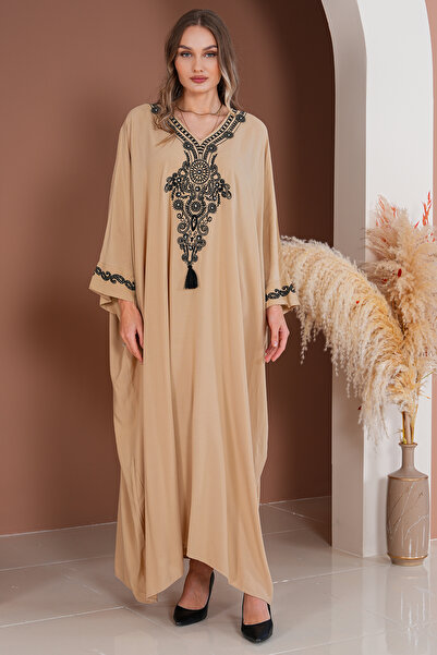 BeyzaBayram Μακρύ φόρεμα μεγάλου μεγέθους μπεζ κεντημένο βισκόζη - A2012