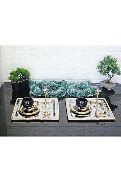 atabey home collection 2 Adet Kahve & Çay & Sunum Tepsisi DELUXE BOY 27 CM KARE ÇERÇEVELİ SERVİS SUNUM TEPSİSİ