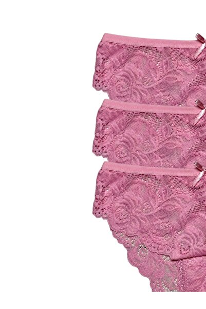 Gizli Butik 3'lü Kadın Full Dantelli Bato Külot Pembe