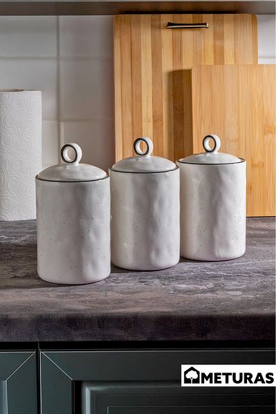 Meturas Lina Line 3-Piece - 800 ml Silicone Vacuum Lid Porcelain Spice Rack Kitchen Set