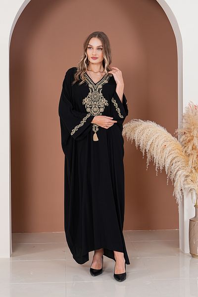 BeyzaBayram Women's Black-Mink Embroidery Plus Size Oversize Viscose Long Dress A2012