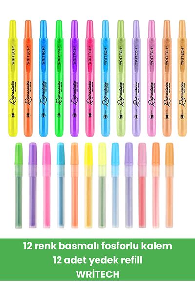 SEYFİKİRTASİYE 12 Colors Snap Phosphorescent Pen 12Pcs Replacement Refill Writech