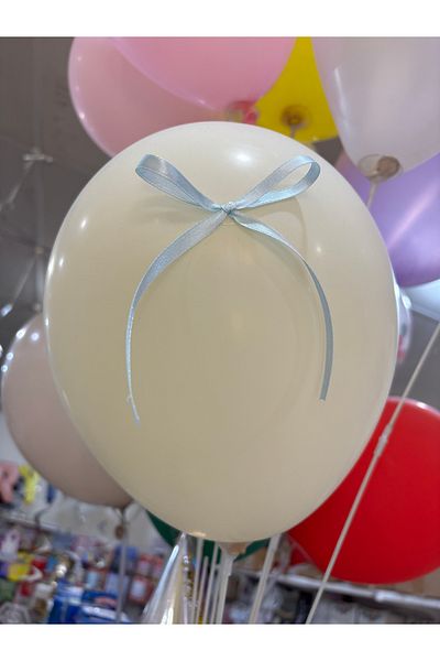 Deniz Party Store 6 Ivory (Cream) Balloon with Blue Bow Ribbon