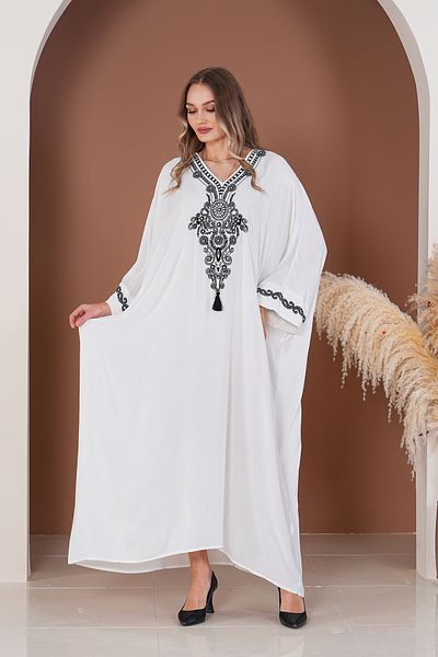 BeyzaBayram Women's White Embroidery Plus Size Viscose Long Dress A2020