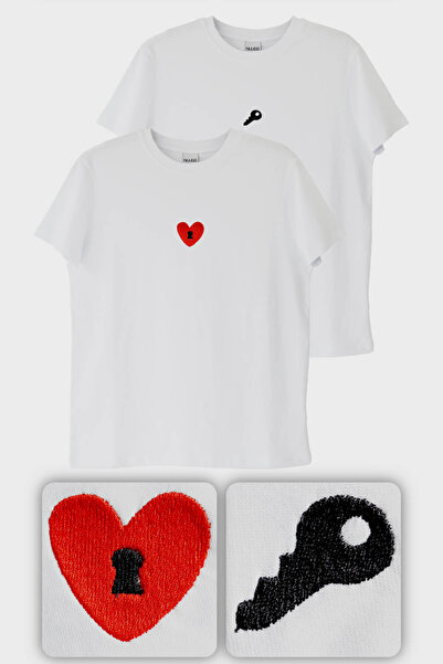 NUUGG تي شيرتات للزوجين مع مفتاح وقفل قلب مع تطريز نمط العشاق - قطعتان