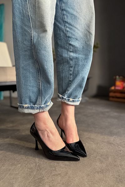 SHOEBELLAS Alte Black Patent Leather Heeled Women's Shoes
