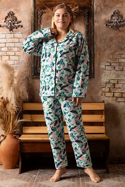 CALİA Women's Oversize Large Size Buttoned Front Long Sleeve Fleece Pajama Set