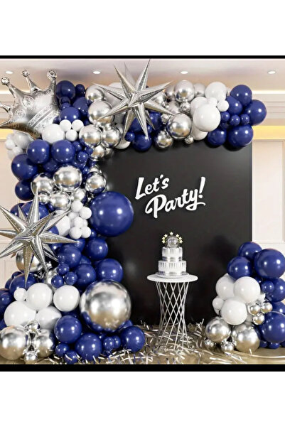 Çemrek Süs Parti Doğum Günü Bebek Sünnet Balon Seti Lacivert Beyaz Gümüş Krom...