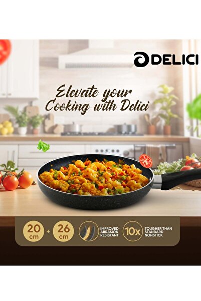 DELICI مجموعة مقلاة غير لاصقة (26 سم و20 سم) مع ملعقة نايلون، طلاء أقوى 10 مر...