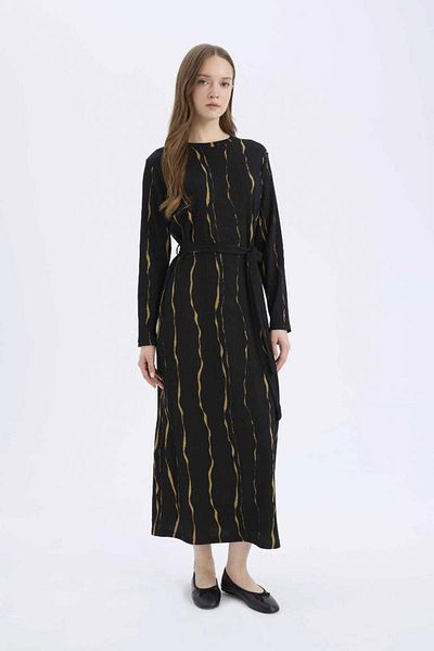 DeFacto New Season Regular Fit Crew Neck Patterned Long Sleeve Wrap Maxi Dress