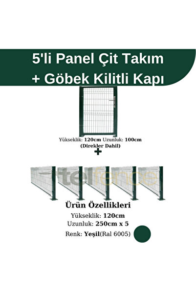 Telfence 5 'li Panel Çit Takım (12.5 MT) Panel Çit Göbek Kilitli Kapı Avantaj Paketi 120cm Yeşil Renk