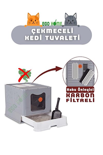 ego home Xxl Çekmeceli Kapalı Kedi Tuvaleti Yeni Nesil Katlanabilir Çekmeceli Karbon Filtreli Kedi Tuvaleti
