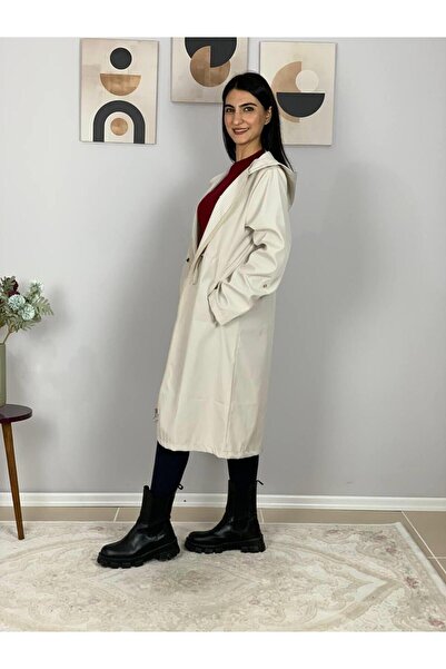 YusGos Kadın Kapüşonlu Astarlı Trençkot Yağmurluk