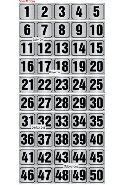 Outdoor One Metal Door, Table, Cabinet Number between 1-50 - 5X5 cm Silver Color Back Adhesive 003