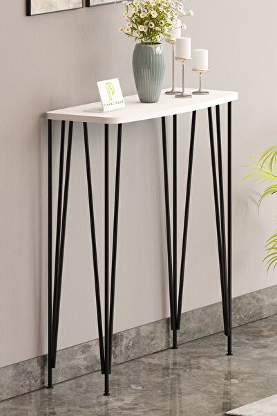 Pinhal Home 120 cm Beyaz Dresuar Kahve Köşesi Konsol Modern Raf Metal Boru Si...