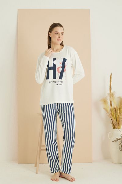 Siyah İnci Navy Blue White Line Pattern Interlock Cotton Knitted Pajamas Suit 7819