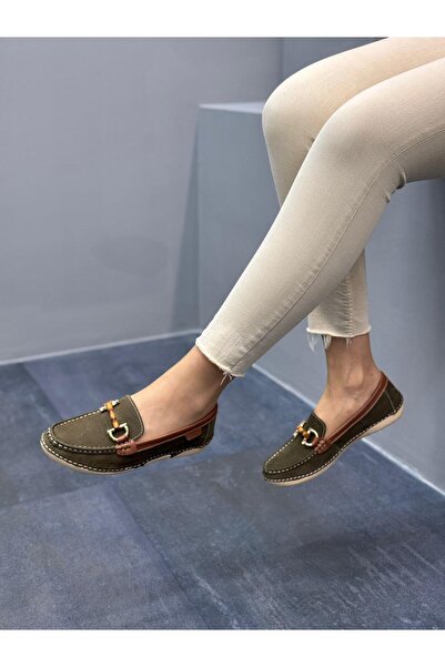 DİVA Diva Haki Süet Deri Tokalı Kadın Günlük Babet