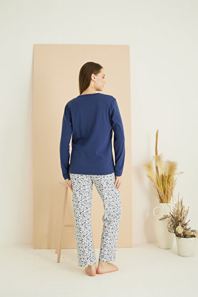 Siyah İnci Navy Patterned Interlock Cotton Knitted Pajamas Suit 7819