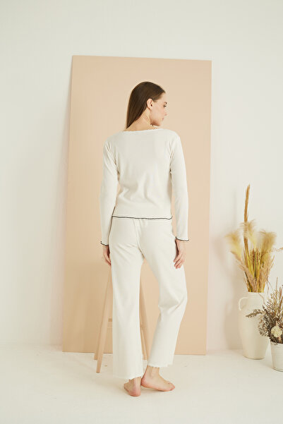 Siyah İnci ekru Dantelli Fiyonklu Fitilli Kaşkorse Örme Pijama Takım 7816