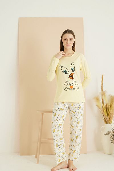 Siyah İnci Yellow Patterned Cotton Knitted Pajamas Set 7819