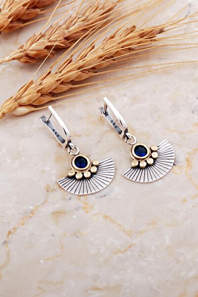 Sümer Telkari Safir Taşlı Yelpaze Çekiç Dövme Tasarım Elişi Gümüş Küpe 7193