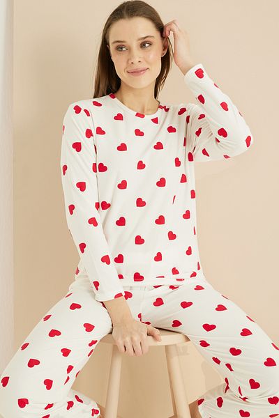Siyah İnci model de inimă albă roșie Costum de pijama tricotat cu textura moale 7819