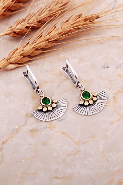 Sümer Telkari Kök Zümrüt Taşlı Yelpaze Çekiç Dövme Tasarım Elişi Gümüş Küpe 7197