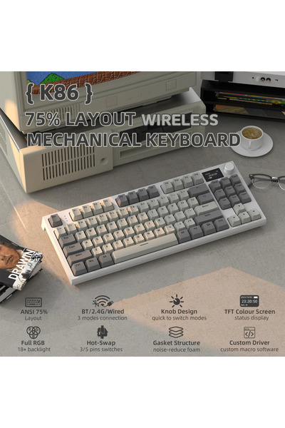 Meyer Gaming Attack Shark K86 2.4G Wireles/Bluetooth/USBC Gasket Kablosuz RGB Ekranlı Mekanik Klavye TÜRKÇE Q