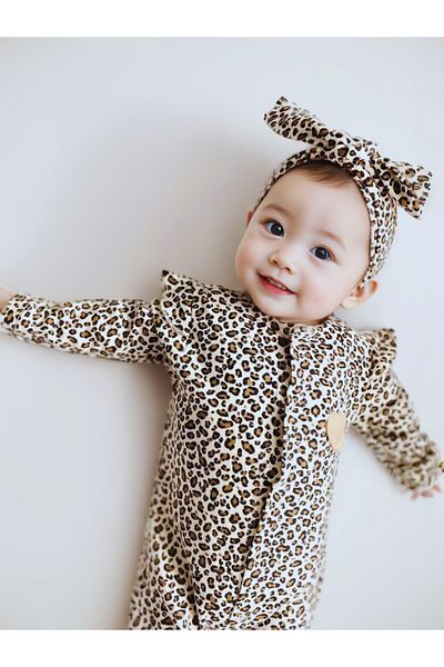 TiniMiny Kİds Begisa Baby Girl Bandanna Leopard Pattern Jumpsuit Set