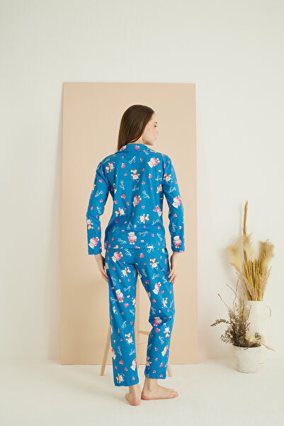 Siyah İnci mavi Ayıcık Desenli Örme Pamuklu Pijama Takım 7611