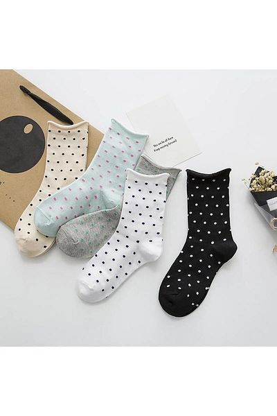 Ay-Ra Collection Women's Colorful Polka Dot Patterned Ultra Soft Elastic Diabetic Socks Set - 5 Pairs