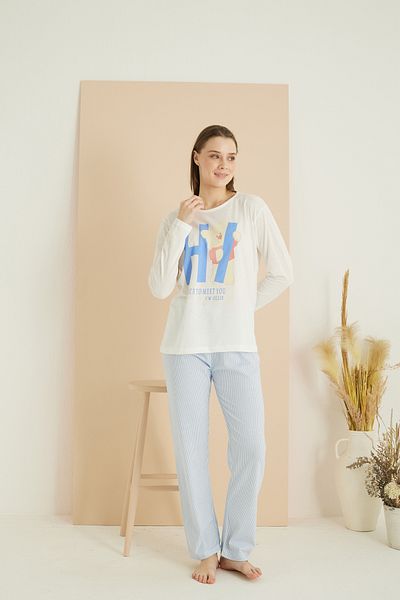 Siyah İnci model de linie albastră și albă Costum de pijama tricotat din bumbac 7819