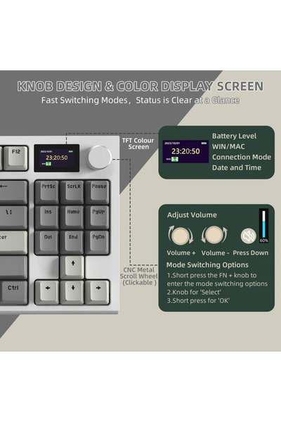 Meyer Gaming Attack Shark K86 2.4G Wireles/Bluetooth/USBC Gasket Kablosuz RGB Ekranlı Mekanik Klavye TÜRKÇE Q