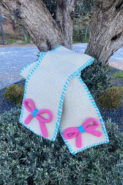 Mila Ecru Glittery Bow Hand Knitted Beanie & Scarf Set