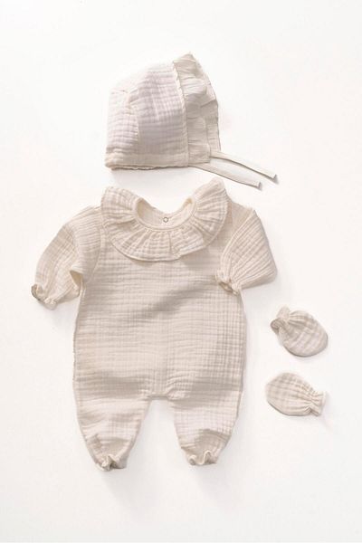 Magu Newborn 4-Layer Muslin Fabric Collared Romper, Hat and Gloves Baby Girl Hospital Outlet