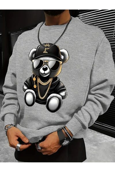 LAND MODA Unisex Black Hooded Bear Printed Sweatshirt