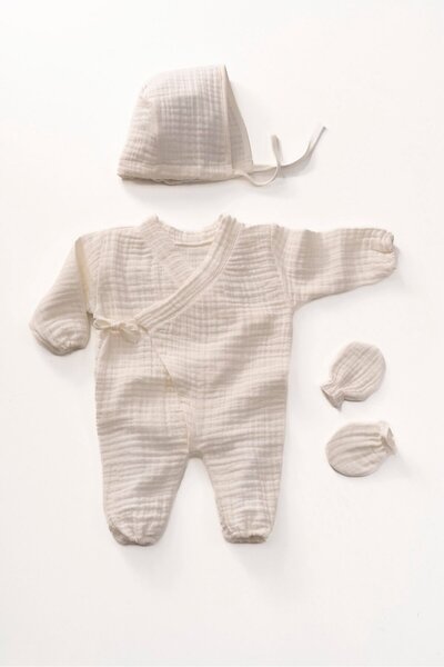 Magu Newborn Baby Organic Muslin Kimono Rompers Gloves Jumpsuit Hospital Exit...