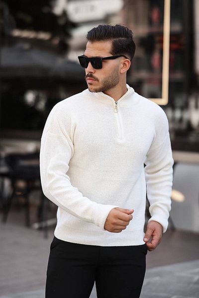CAN Men's White Thessaloniki Knitted Half Zipper Knitwear
